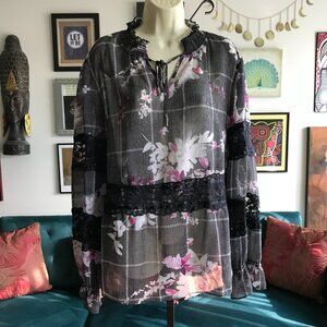 DKNY size XL Sheer Black Glen Plaid Chiffon Pink Floral & Lace Blouse Top